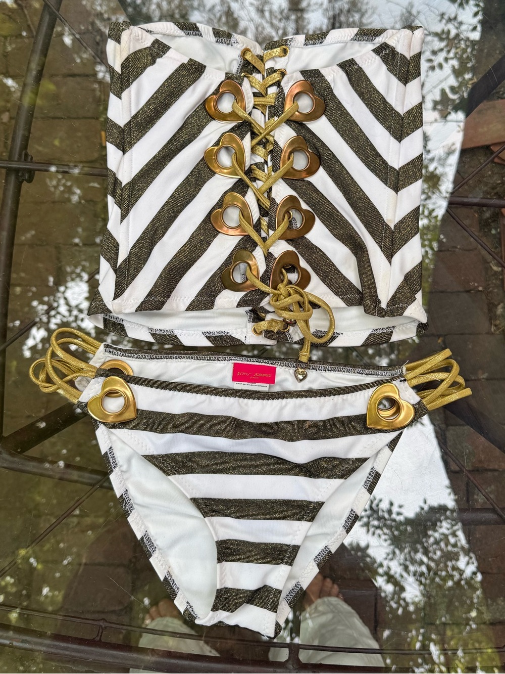 Betsey Johnson White and Gold Striped Lace-Up Bikini Set